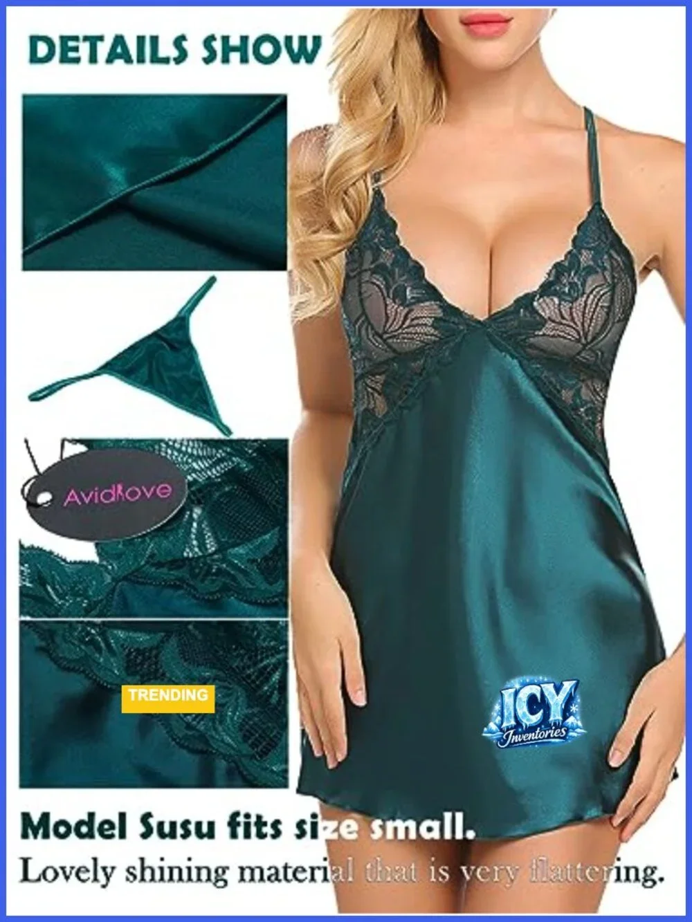 Satin Lace Chemise Babydoll Nightgown Lingerie V-Neck Sleepwear